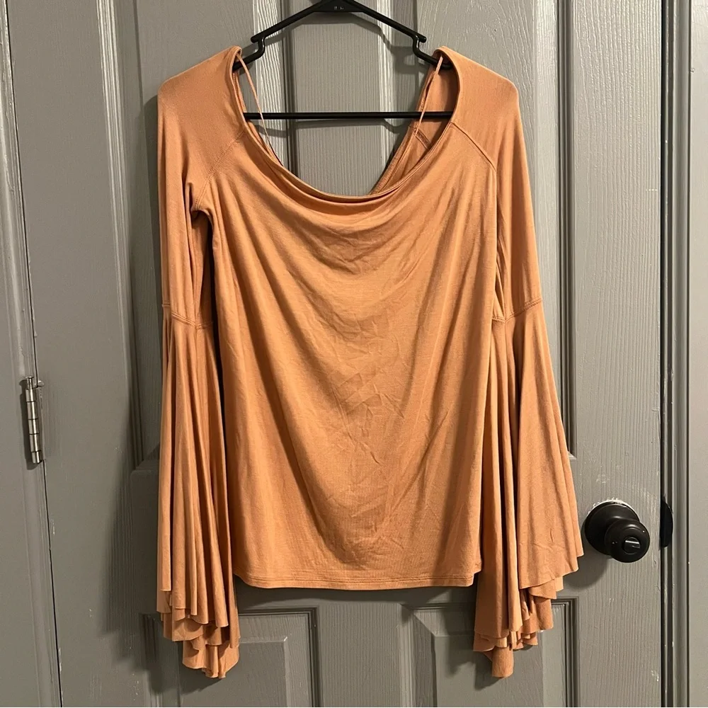 We The Free Tan Off-Shoulder Top bell Sleeves Birds of Paradise - Picture 4 of 8